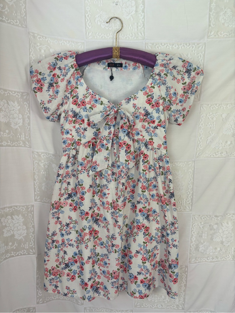 Cream Floral Cottage Short Sleeve Boho Mini Sun Dress Size L